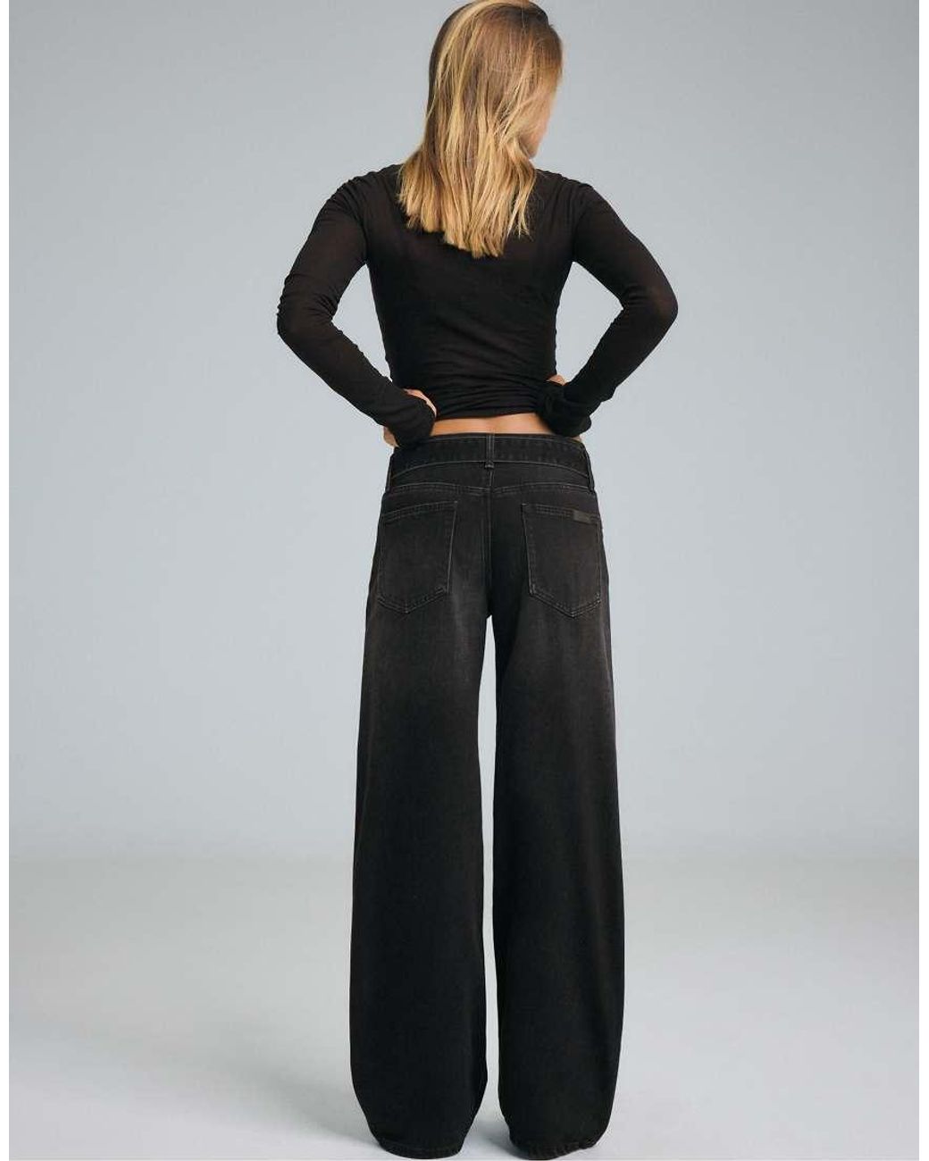 Stradivarius Black Double-waist Wide-leg Jeans