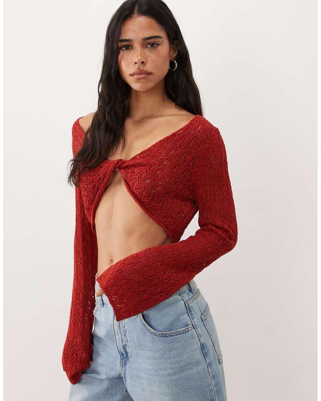 Miss Selfridge Red Crochet Twist Detail Long Sleeve Top