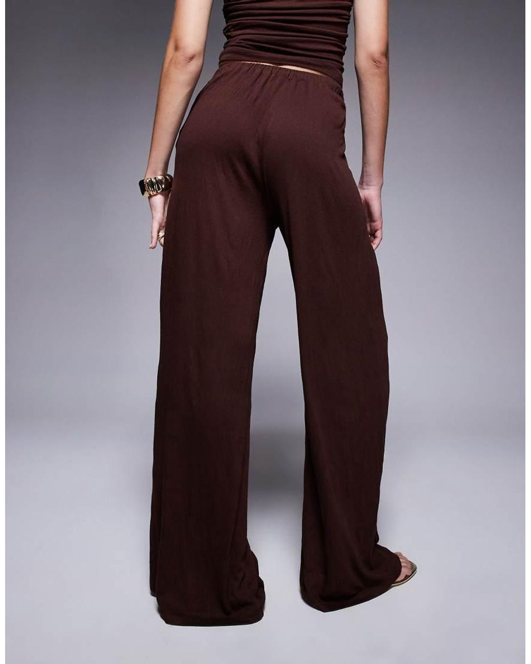 ASOS Brown Crinkle Tie Waist Wide Leg Pants
