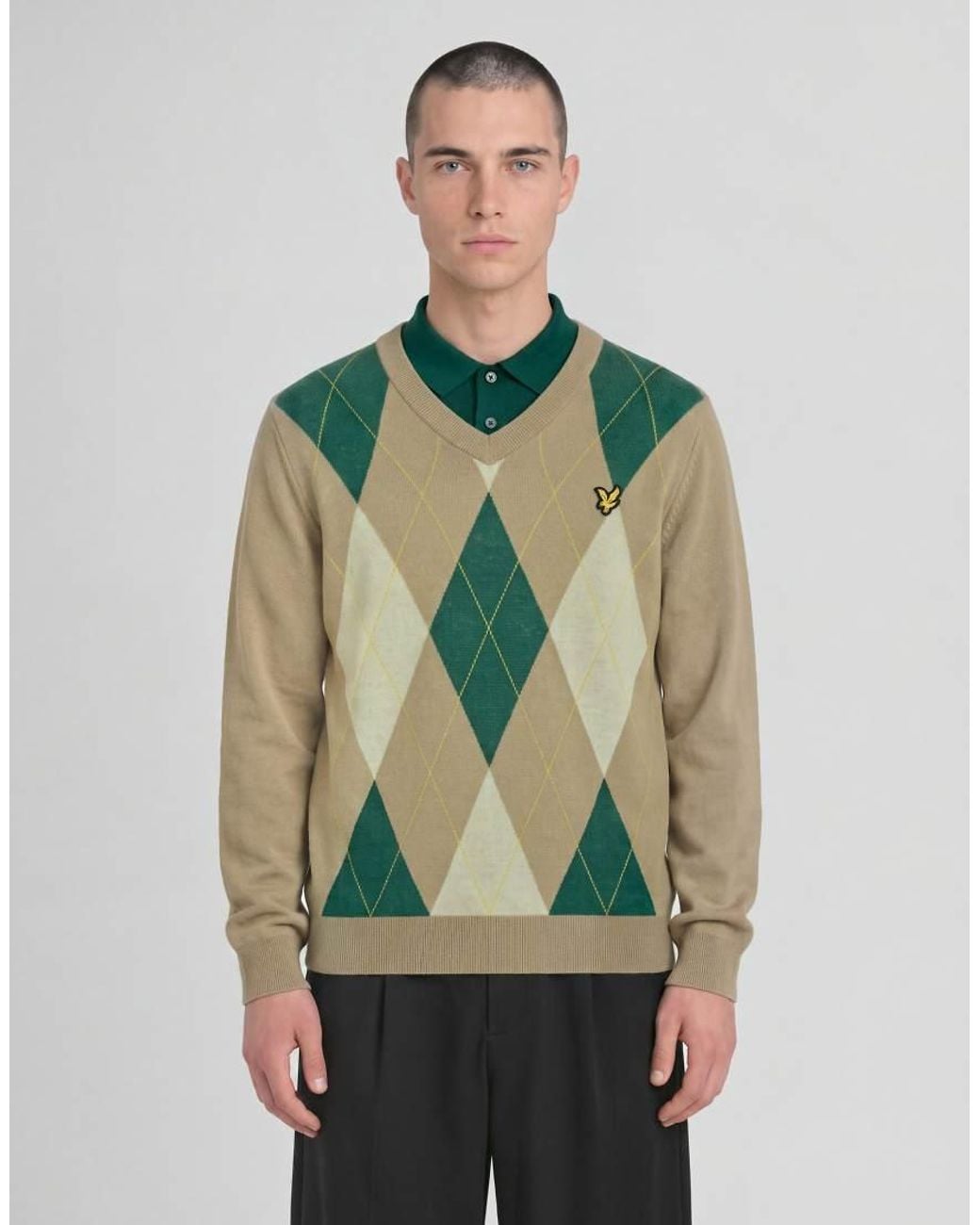 Lyle & Scott Green Mid Knits Argyle Knitted V-Neck Jumper for men