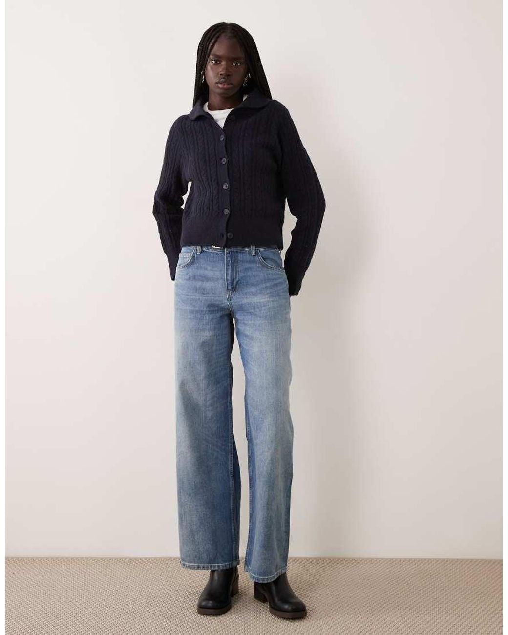 Miss Selfridge Blue Cable Collar Button Through Cardigan
