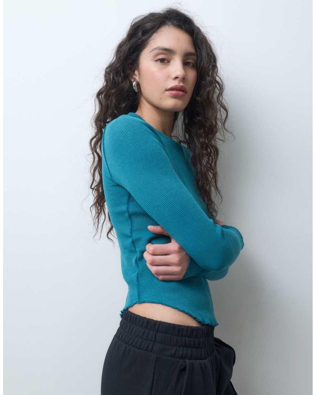 Free People Blue Easy Does It Lettuce Edge Top