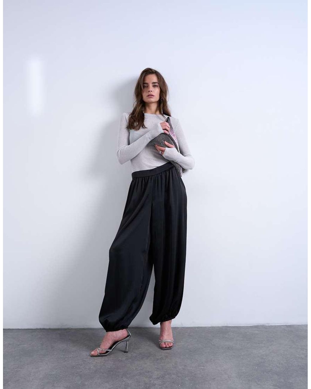 TOPSHOP Black Satin Deep Waistband Balloon Trouser