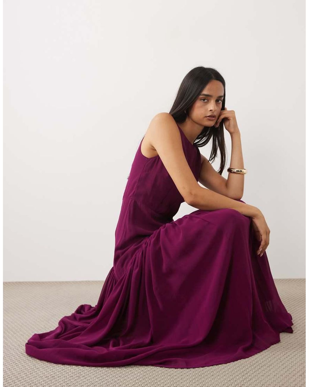 LACE & BEADS Purple Chiffon High Neck Sleeveless Drop Pleat Waist Maxi Dress