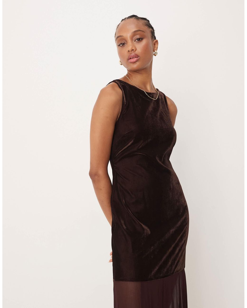 ASOS Asos Design Tall Drop Waist Velvet Maxi Dress With Sheer Godet Skirt  in Brown