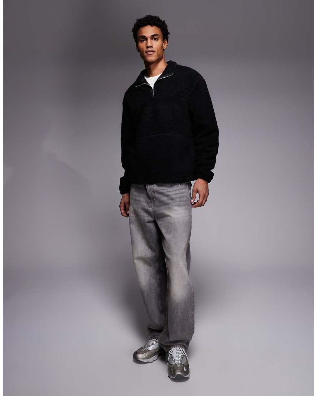 ASOS Blue Relaxed Funnel Neck Zip Through Borg Sweatshirt With Piping for men