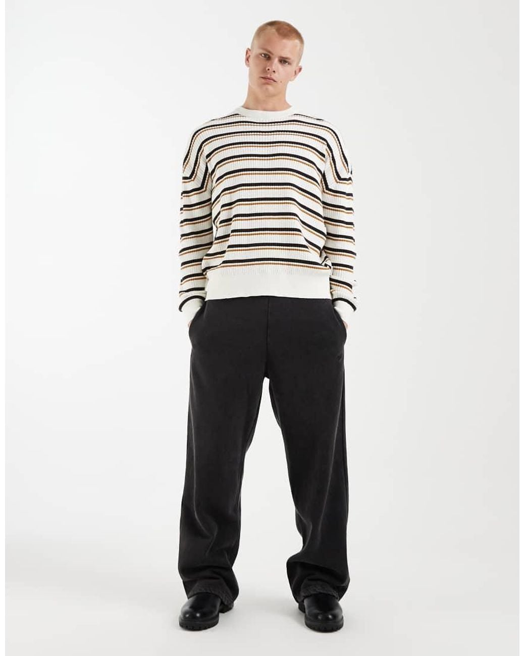 Redefined Rebel Gray Oversized Knitted Striped Jumper for men
