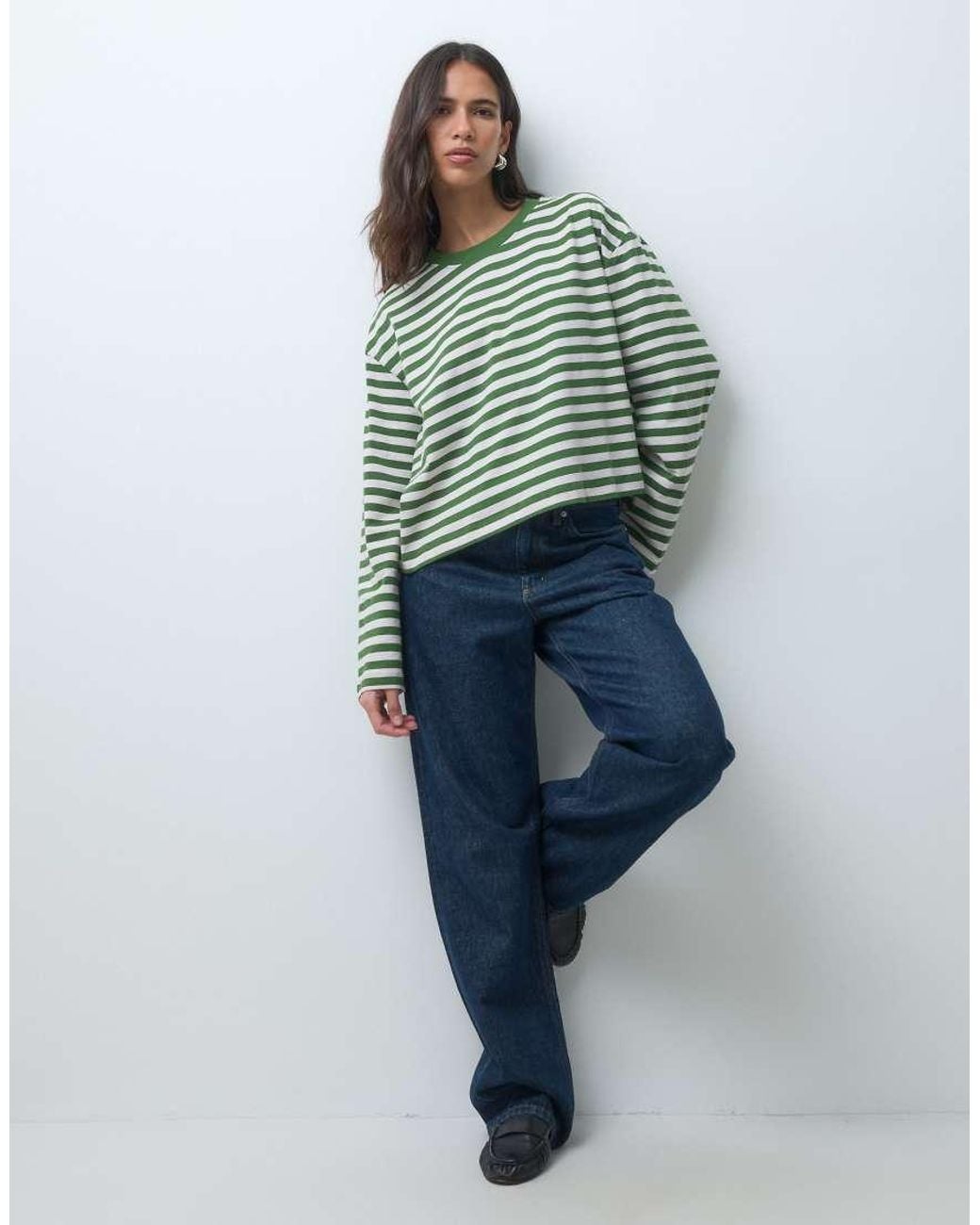 ASOS Green Long Sleeve Boxy Cropped T-shirt Pink & Khaki Stripe