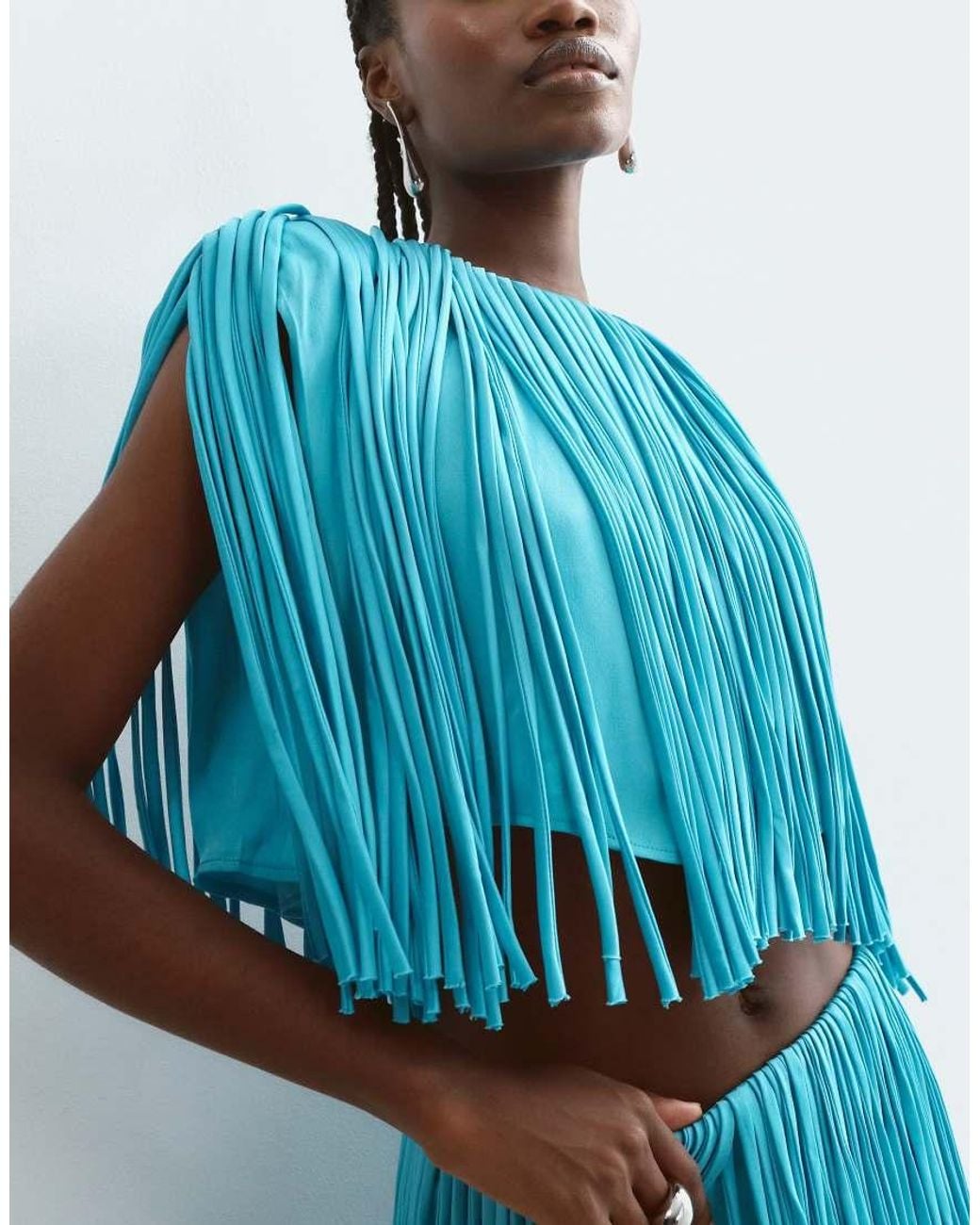ARRANGE Blue Tiered Fringe Square Cut Top Co Ord