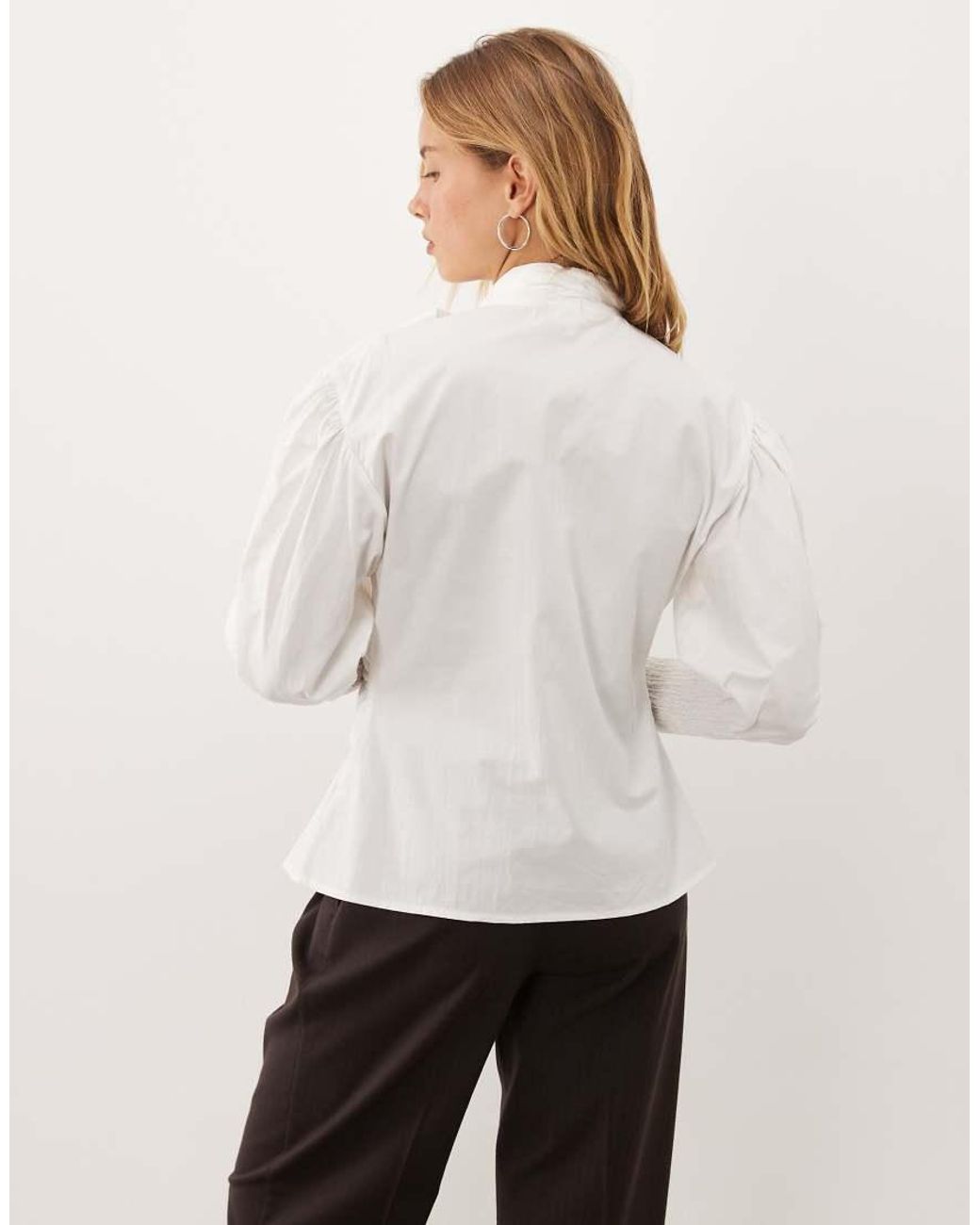 Ghospell White Vittoria Cotton Blend Oversized Bow Blouse With Ruched Sleeves