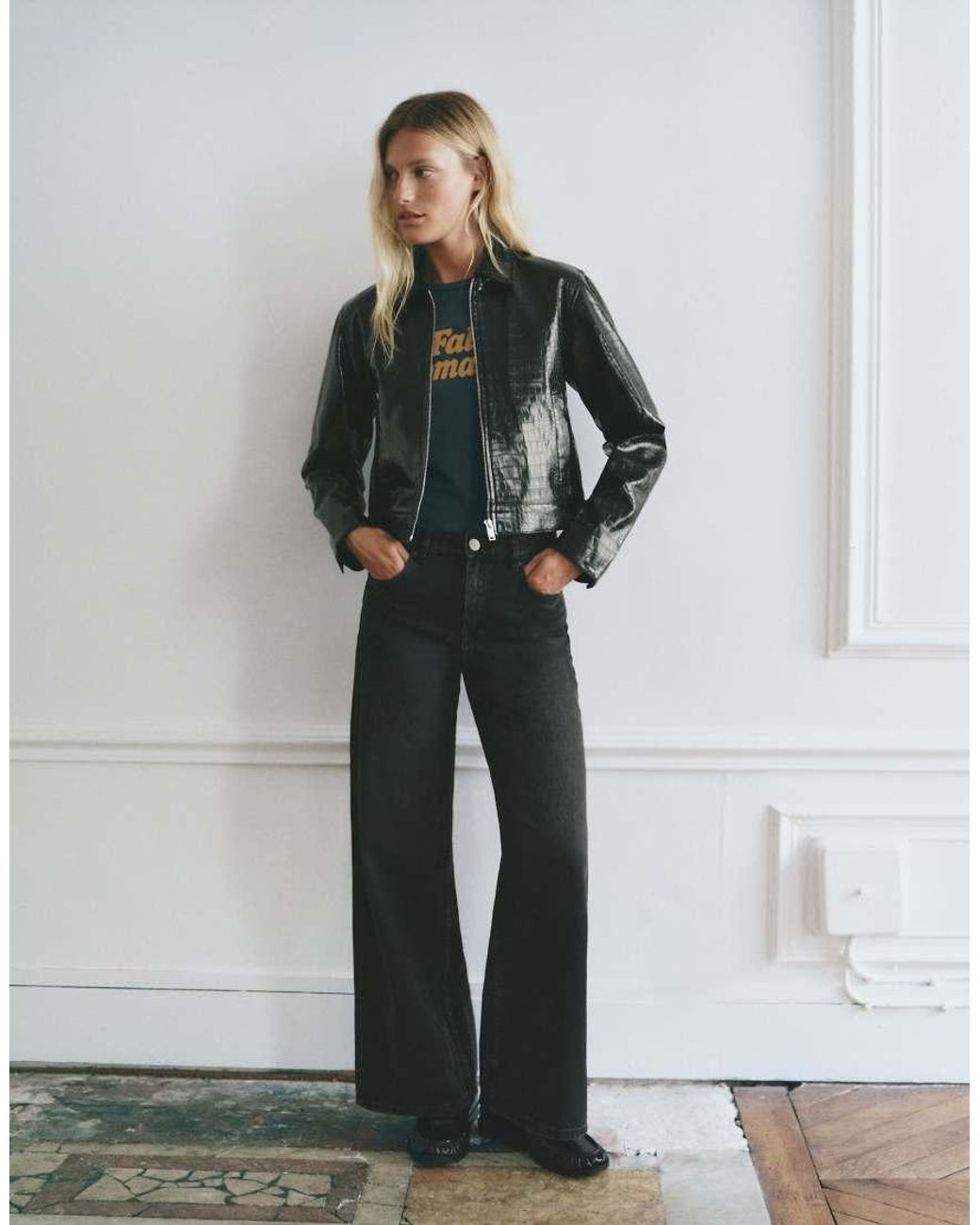 Pull&Bear Gray Crocodile-effect Leather Effect Jacket