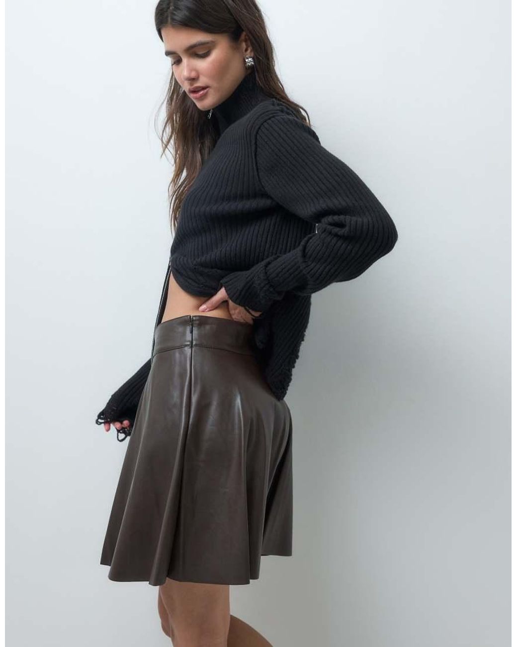 Noisy May Gray High Waisted Pleated Faux Leather Mini Skirt
