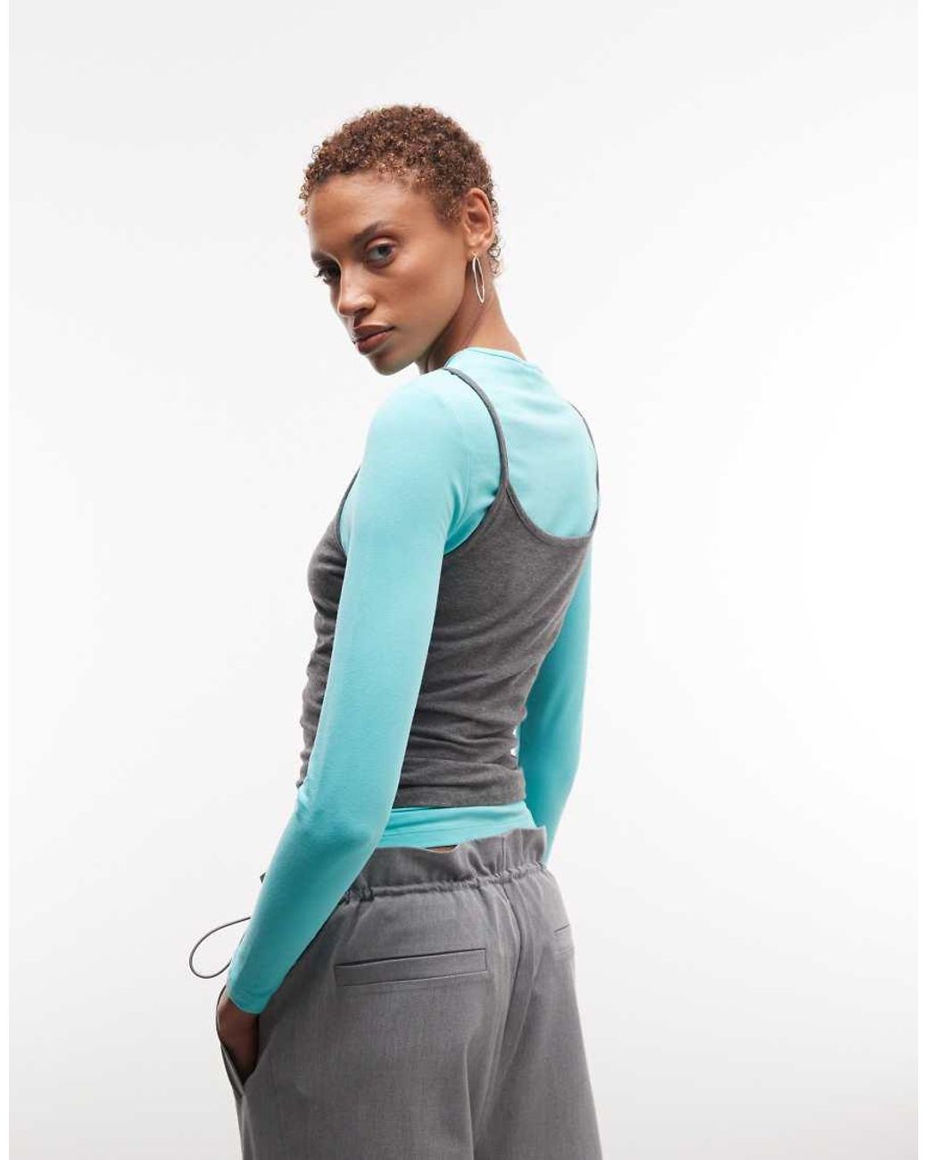 Collusion Double Layer Cami Long Sleeve T-shirt-blue
