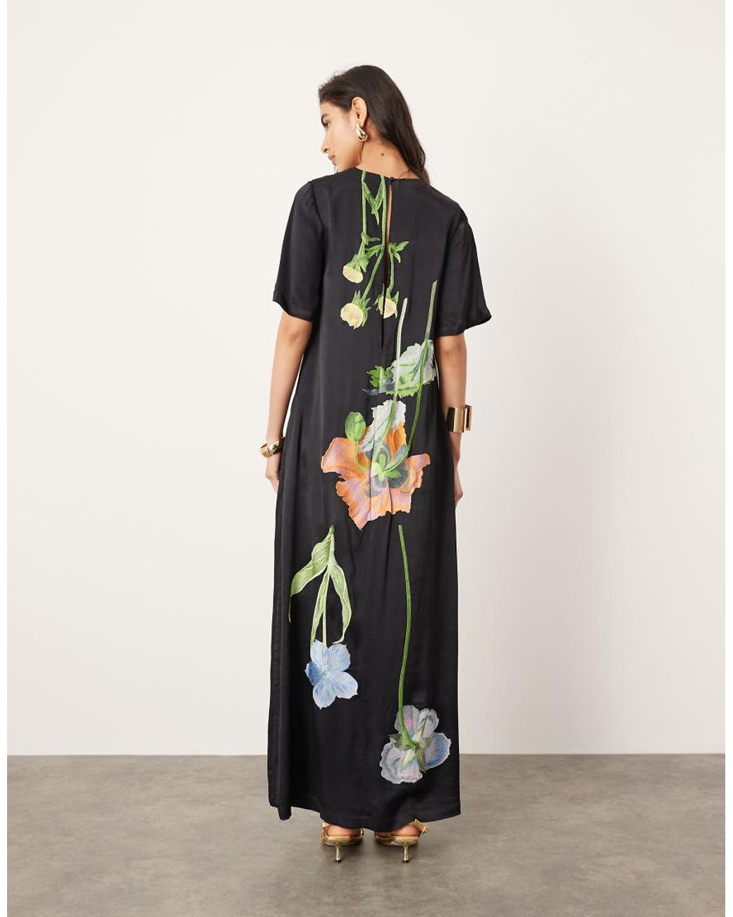 Embroidered Mesh Black Dress With Embroidered Flowers ASOS Black Embroidered  Floral Maxi Dress Short Sleeve NWT