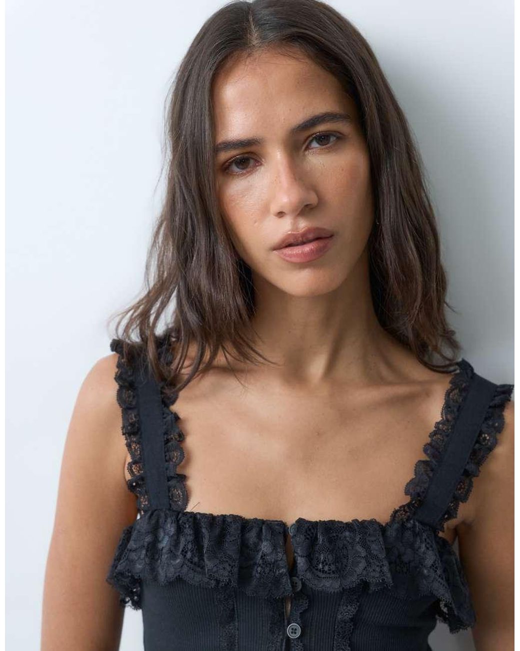 Miss Selfridge Blue Button Through Cinched Corset Top With Lace