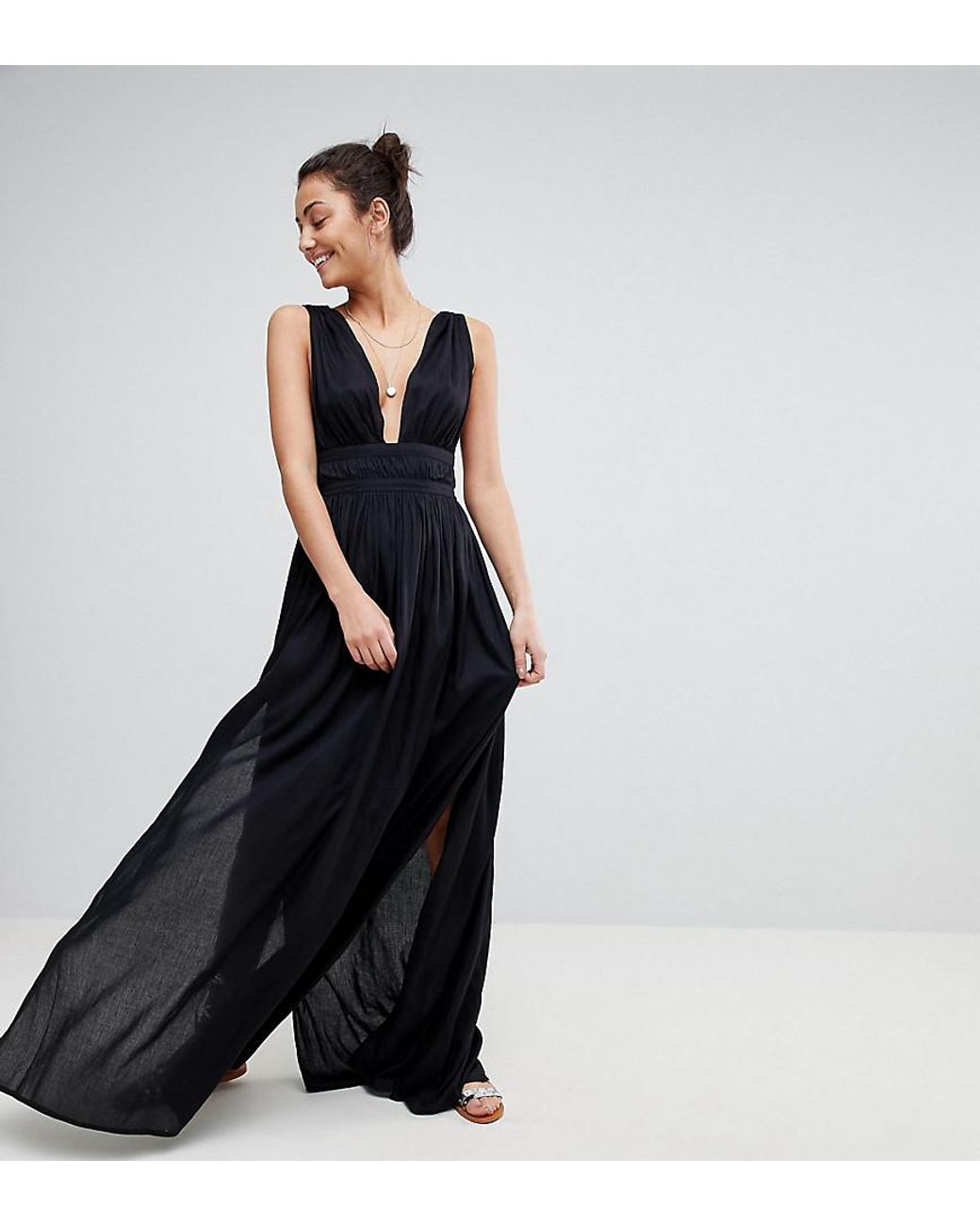 ASOS Maxi-Strandkleid im griechischen Stil aus Webstoff mit tiefem  Ausschnitt in Schwarz | Lyst DE