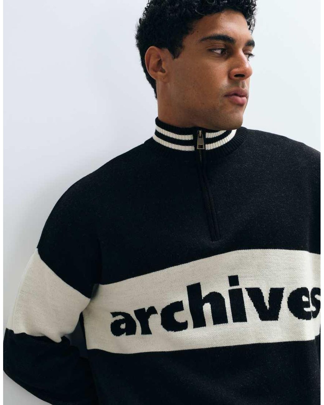 ASOS Black Oversized Knitted Half Zip With Beige Panel And Print for men