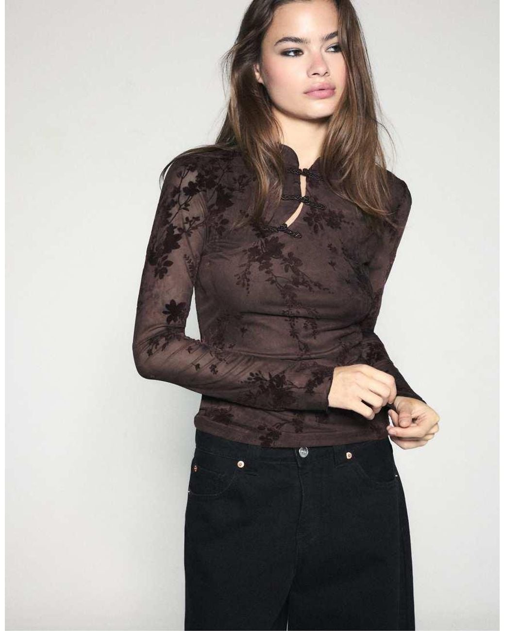 Stradivarius Blue Flocculated Long Sleeve toggle Top