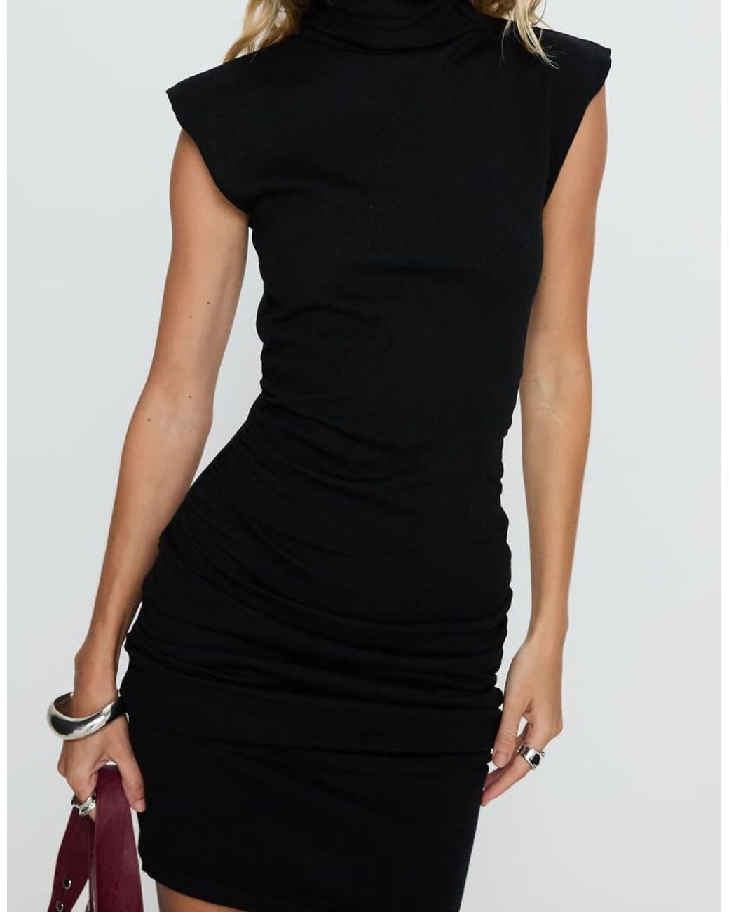 Princess Polly Black Ortensia High Neck Shoulder Pad Ruched Detail Mini Dress