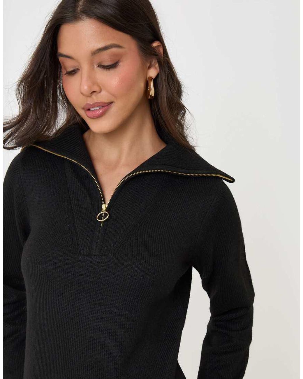 Threadbare Black Quarter Zip Brushed Knit Mini Dress