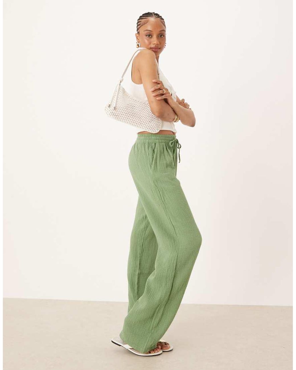 JDY Tall Green Wide Leg Cheesecloth Trousers