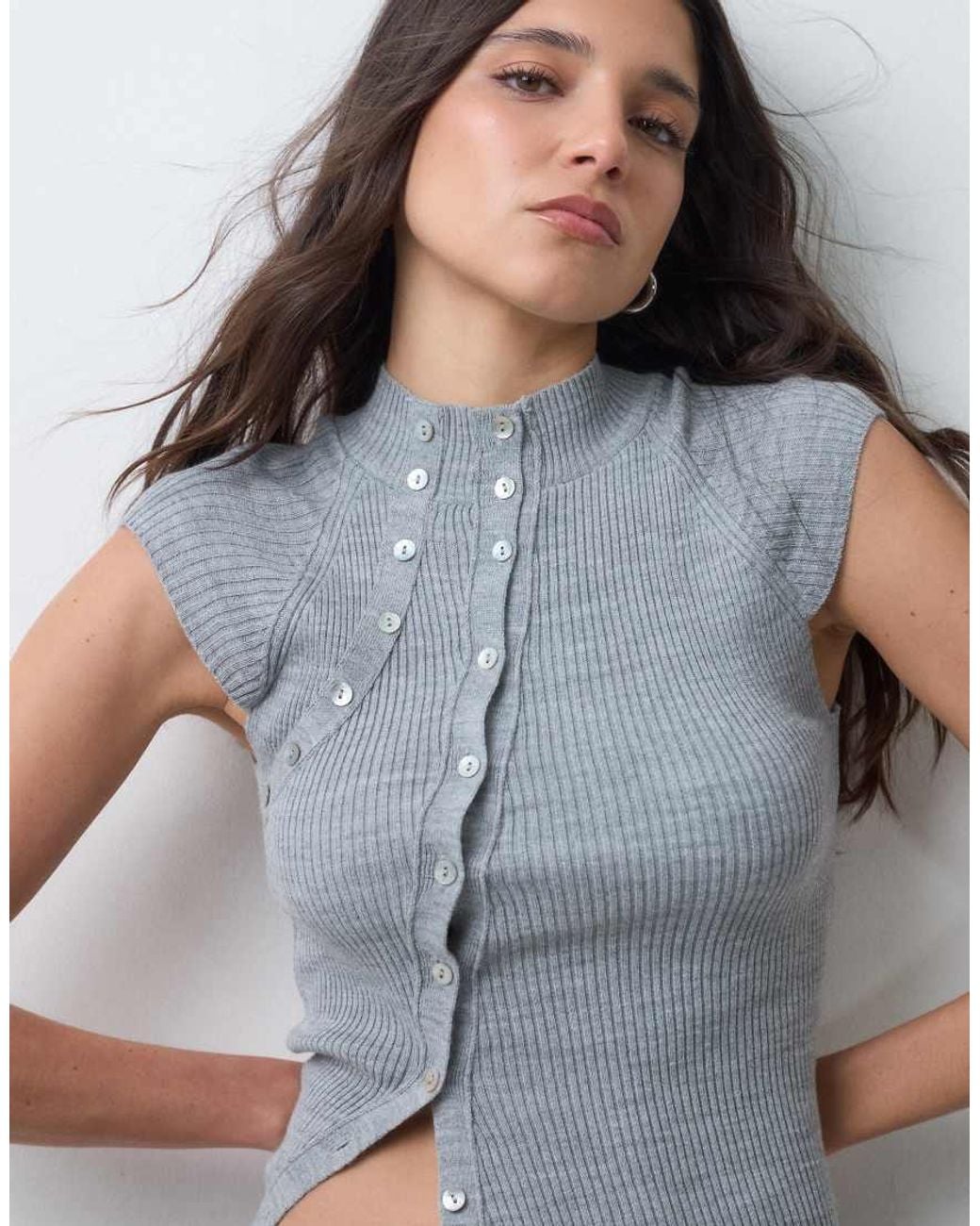 Collusion Gray Funnel Neck Knitted Top With Asymmetric Button Detail