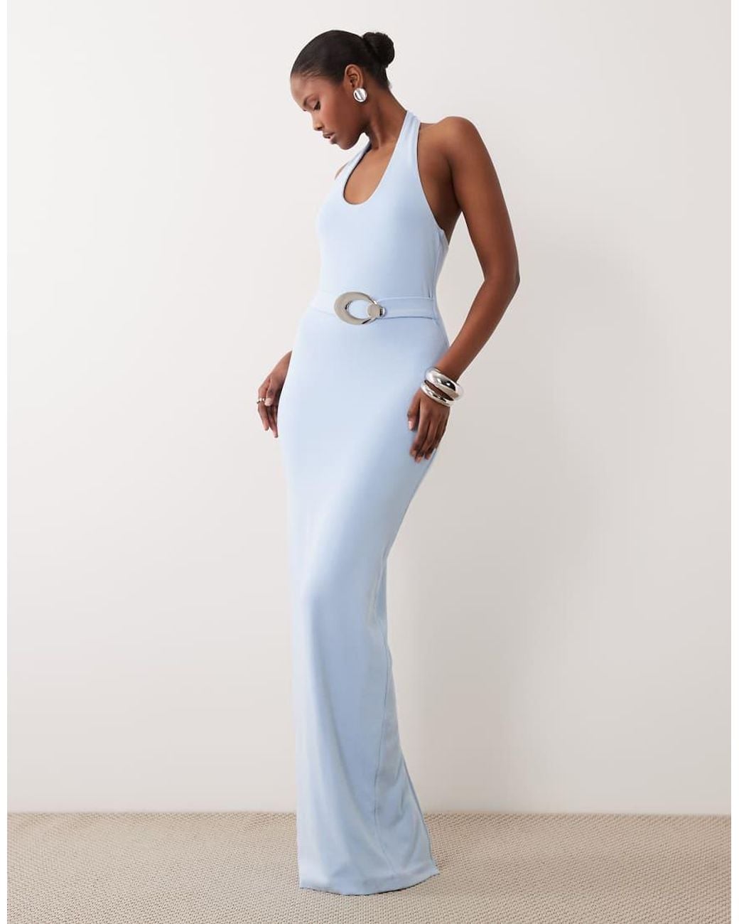 Noughts & Kisses Blue Cotton Blend Soft Touch Halterneck Hardware Detail Maxi Dress