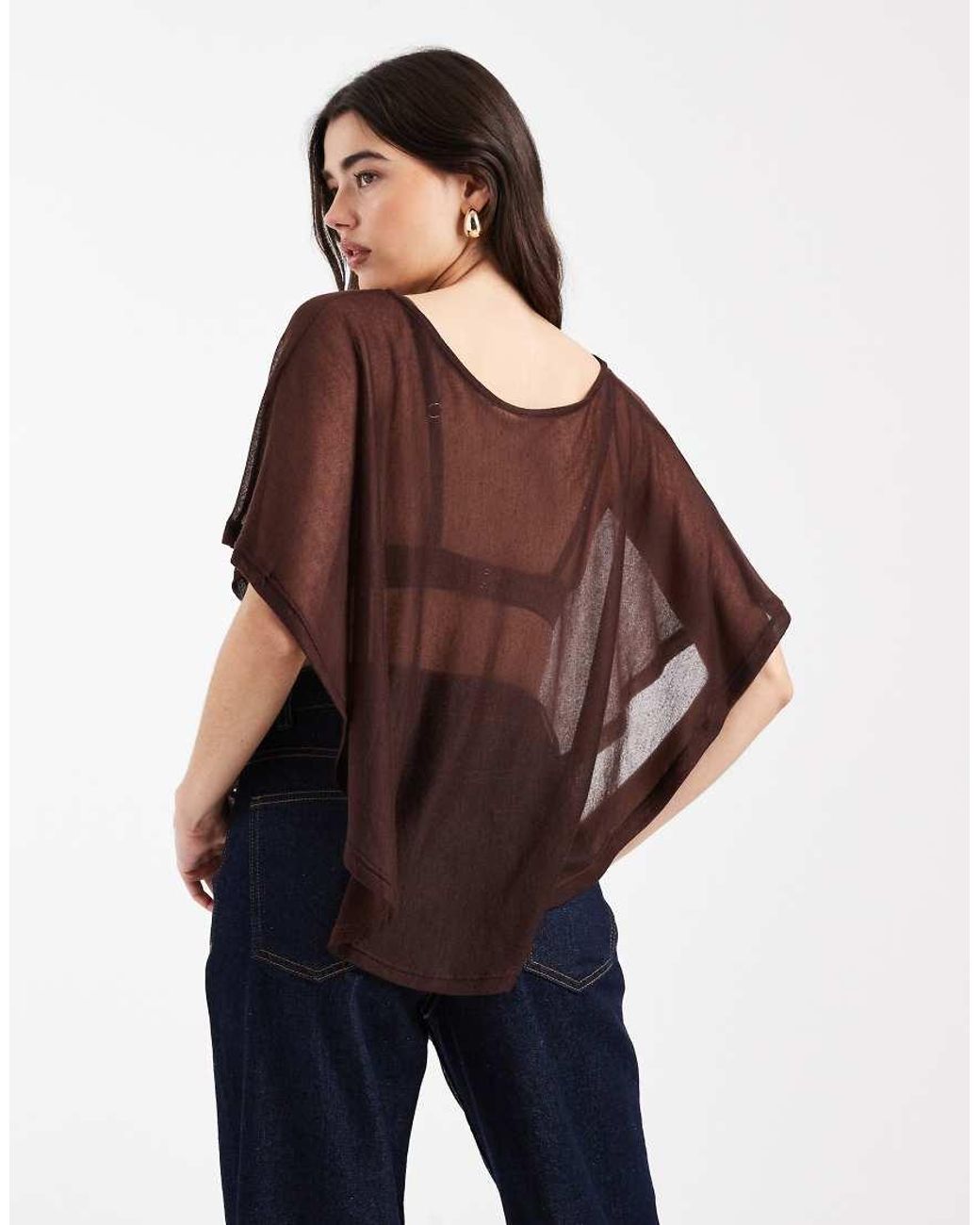 ASOS Brown Knit-Look Semi Sheer Slash Neck Cape Top