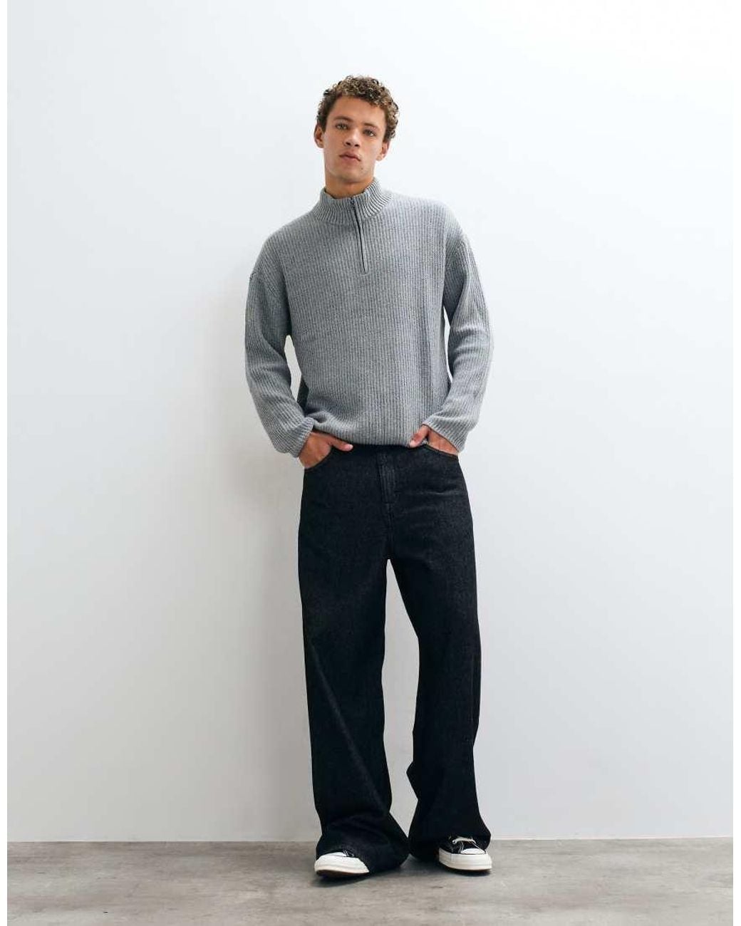 Hollister Gray Knitted 1/4 Zip Ribbed Jumper for men