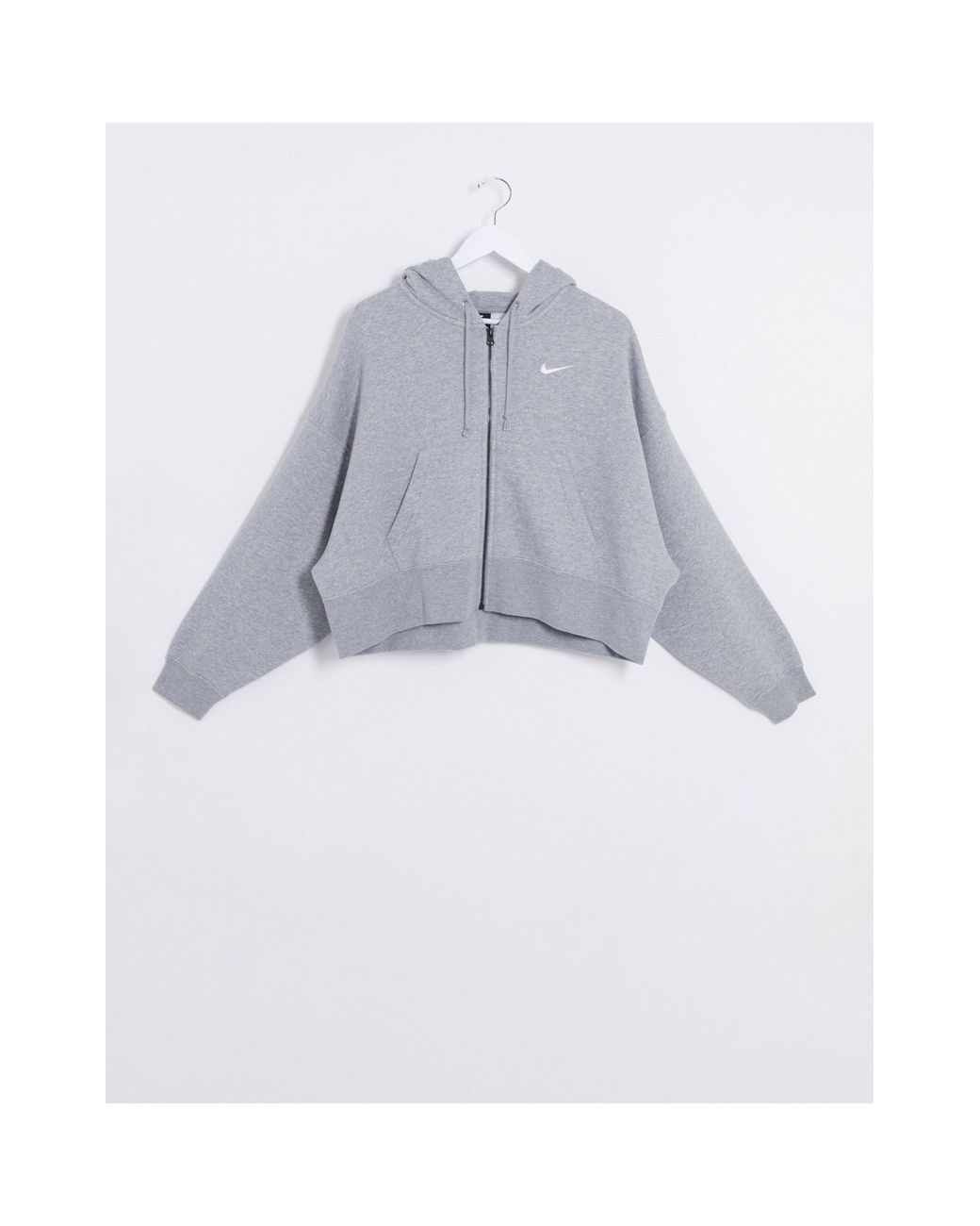 nike mini swoosh oversized cropped grey zip through hoodie