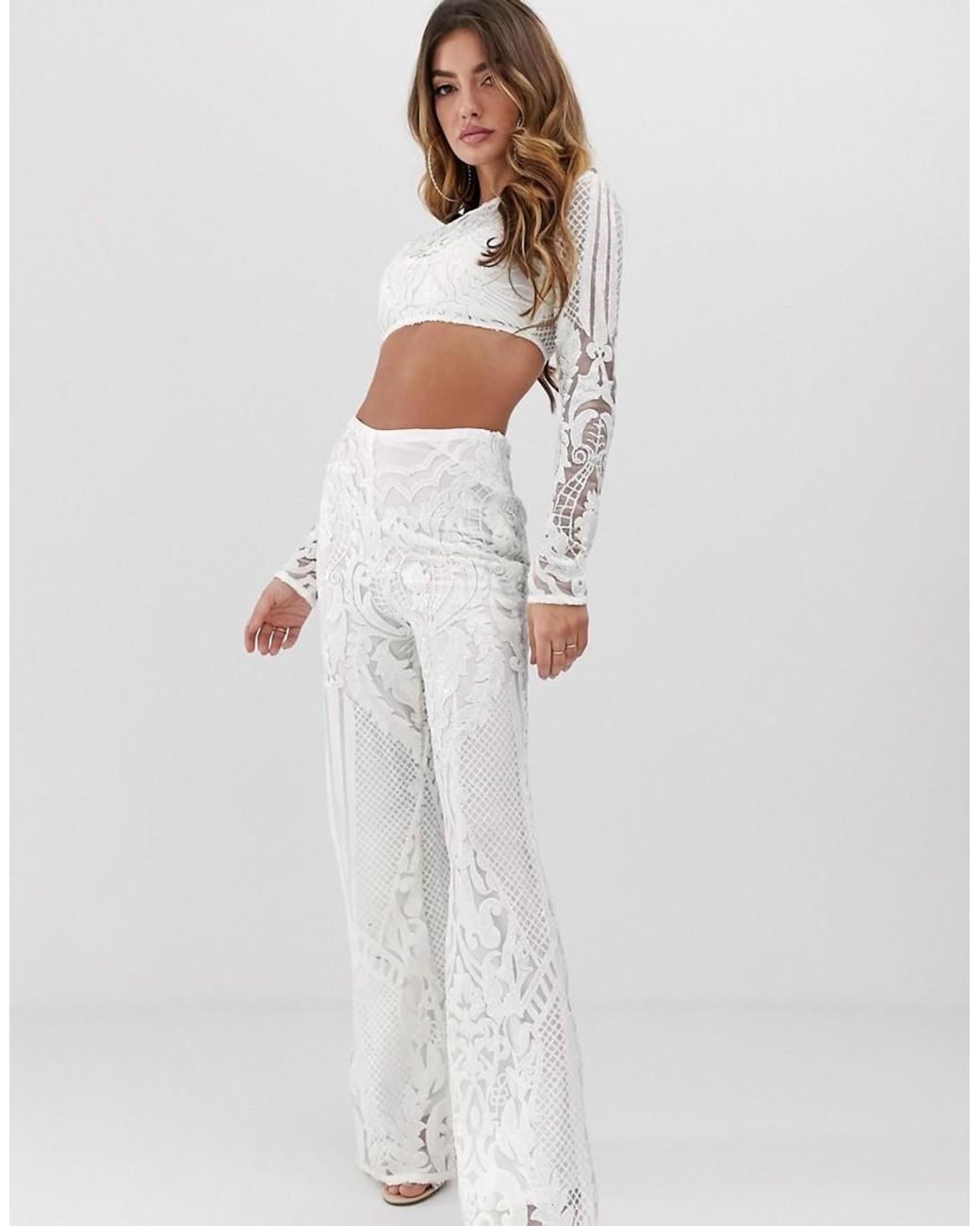 Baroque Sequin Flare Pant in White 