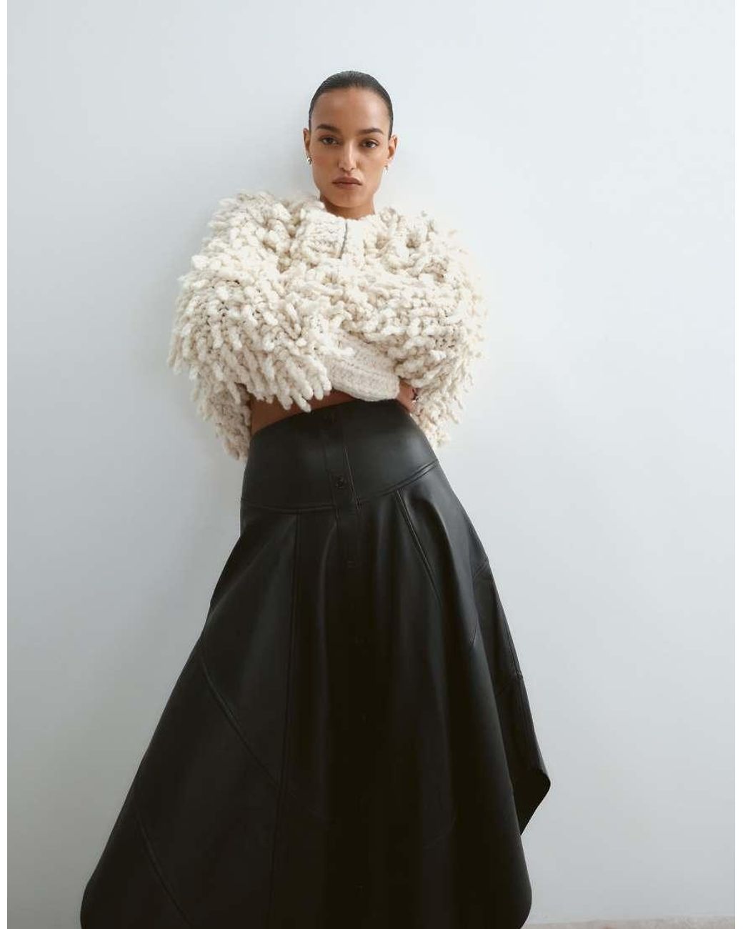 ARRANGE White Premium Leather Button Down Skirt With Seam Detail