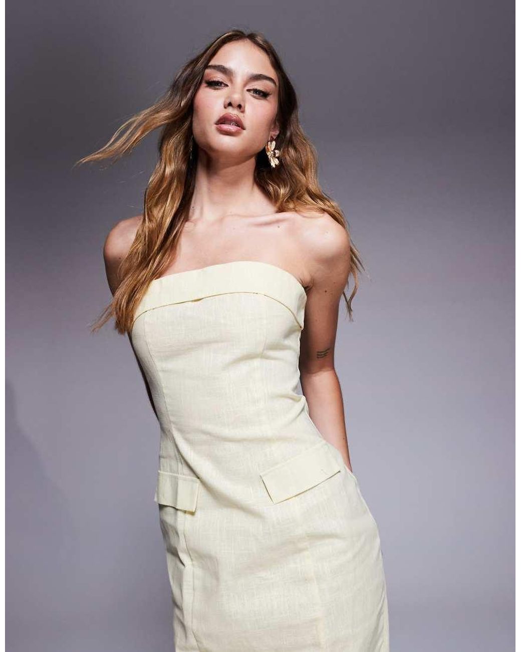 Kaiia Purple Exclusive Linen Look Tailored Fold Over Bandeau Pocket Detail Midaxi Dress