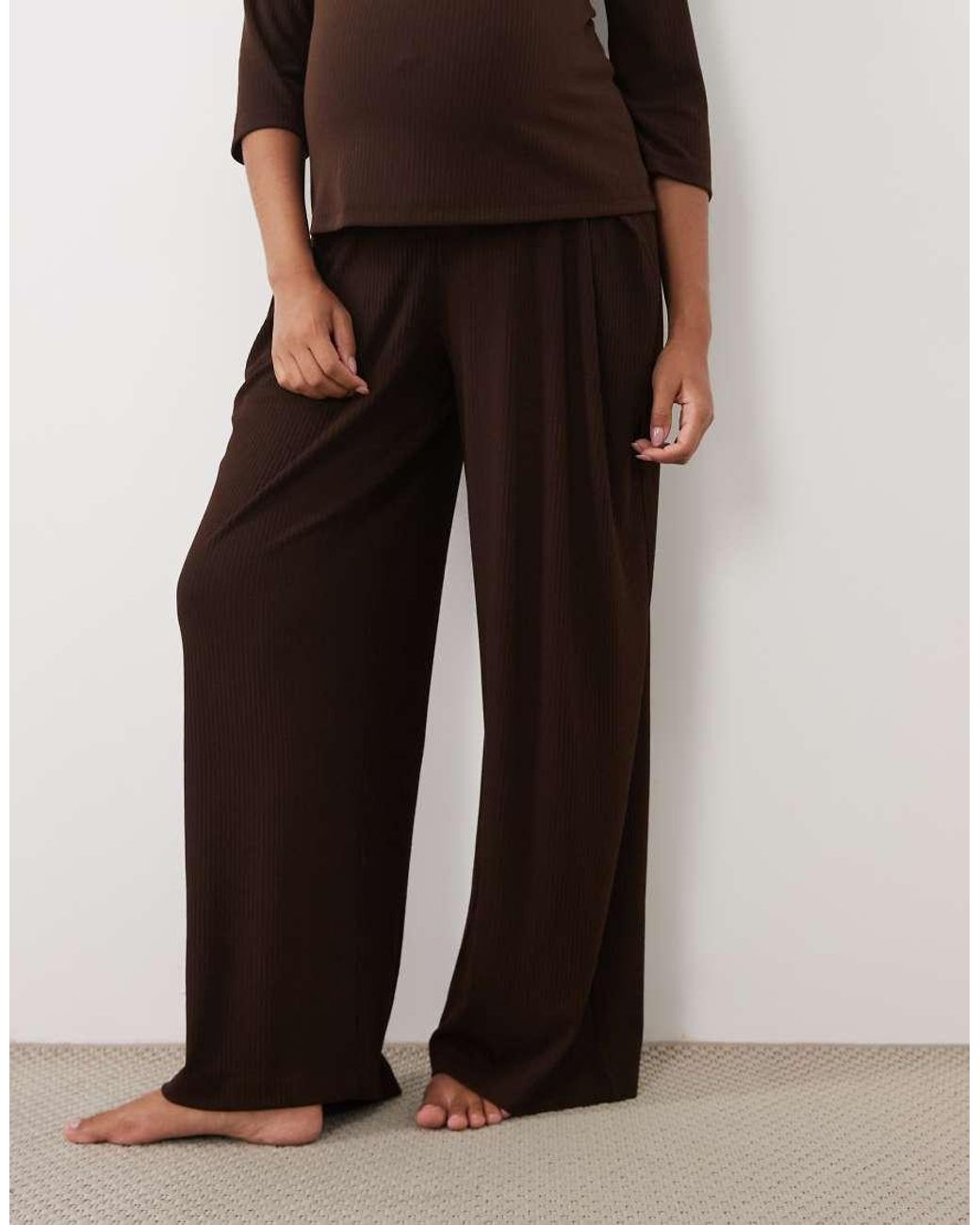 ASOS Brown Asos Design Maternity Lounge Mix & Match Rib Wide Leg Bottom