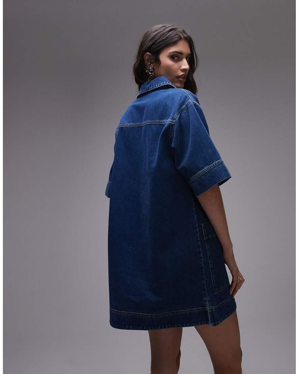 TOPSHOP Blue Denim Mini Pullover Short Sleeved Rugby Dress Mid