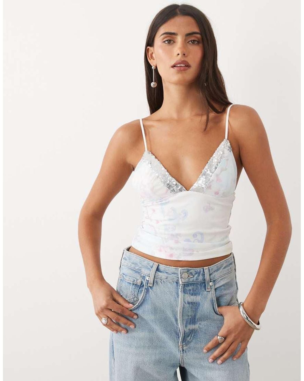 Tiger Mist Blue Fenella Sequin Trim Plunge Cami Top