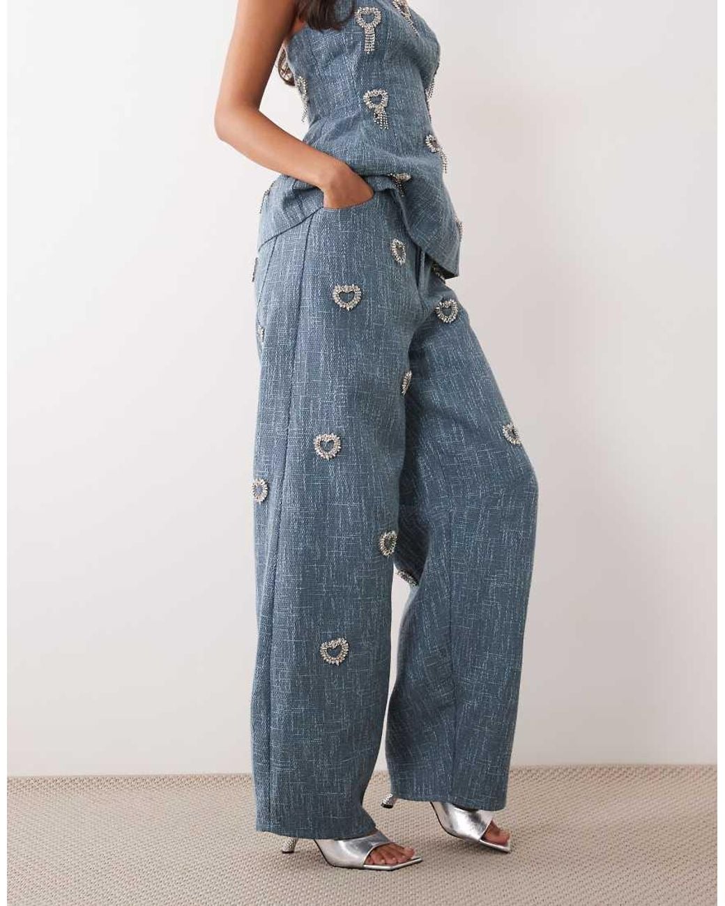 ASOS Blue Co-ord Embellished Heart Boucle Barrel Pants