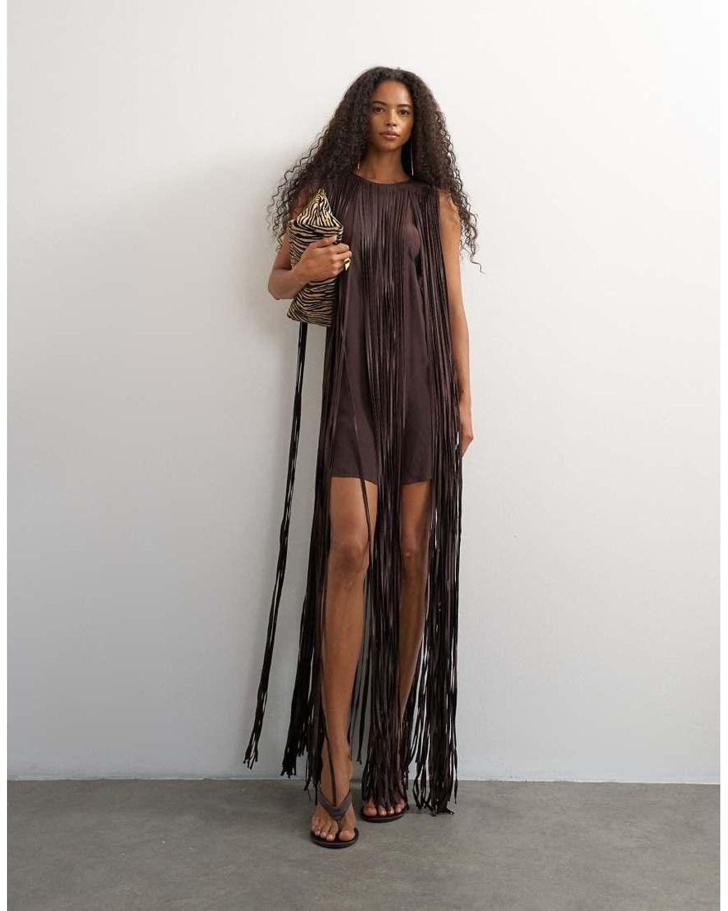 TOPSHOP Brown Premium Satin Fringed Maxi Dress