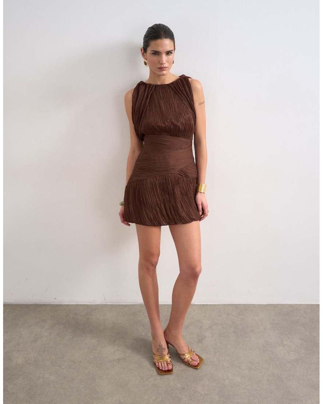 TOPSHOP Brown Sculptural Drape Mini Dress