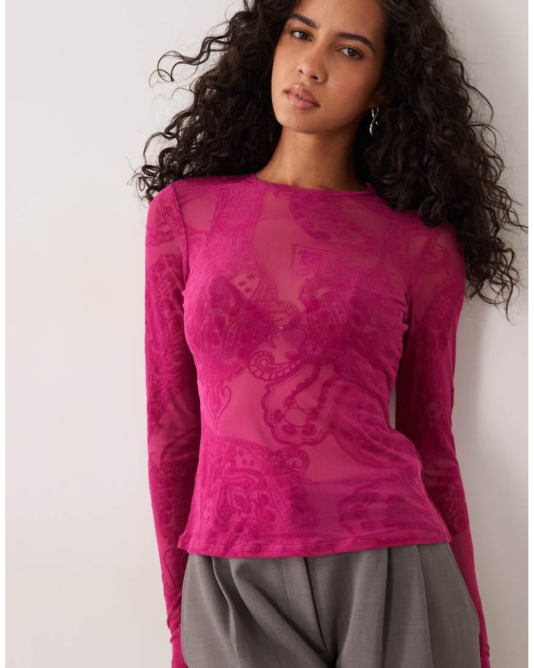 AFRM Red Kaylee Velvet Flocked Mesh Crew Neck Long Sleeve Tee