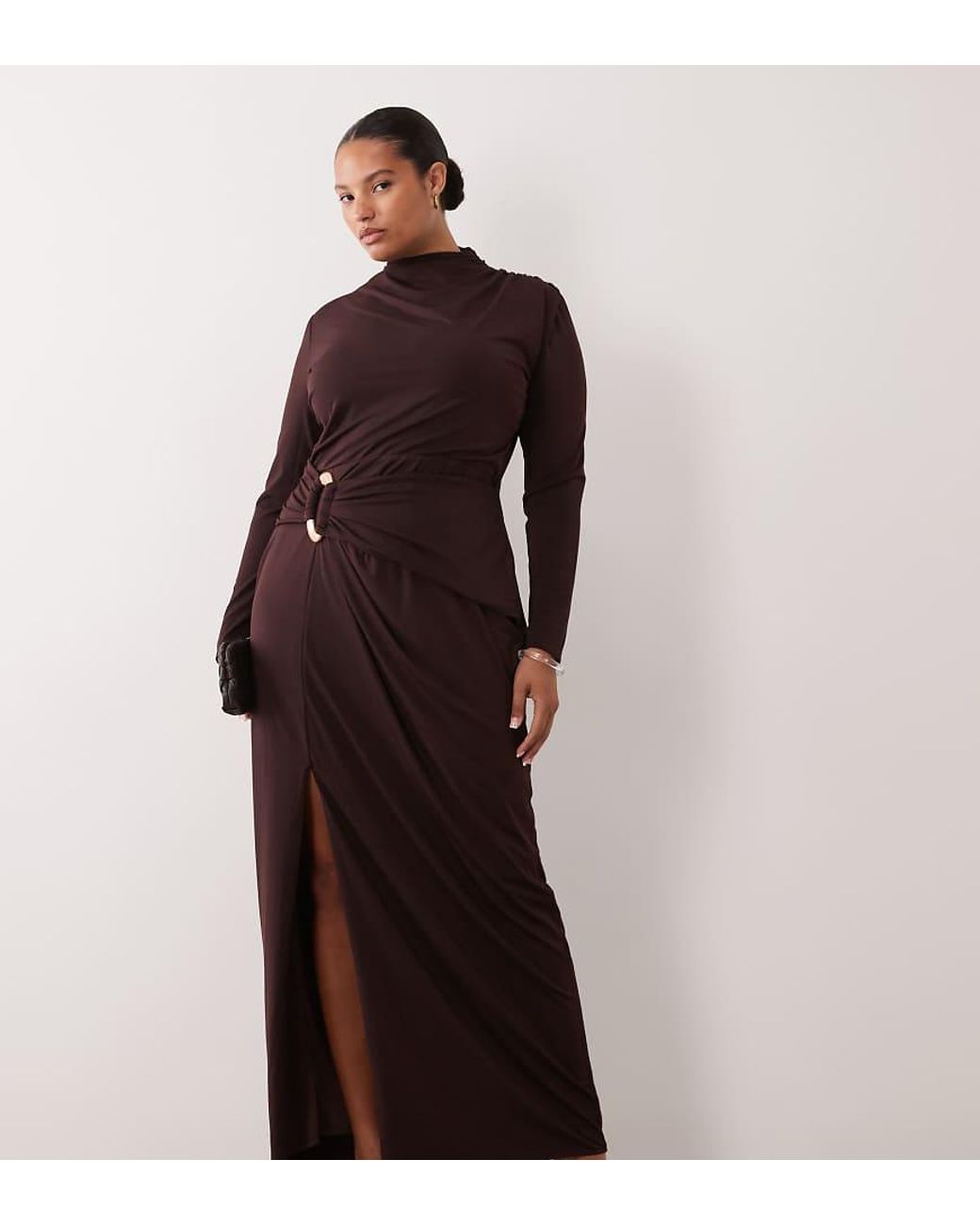 Tfnc Plus Brown Slinky High Neck Long Sleeve High Split Trim Detail Maxi Dress