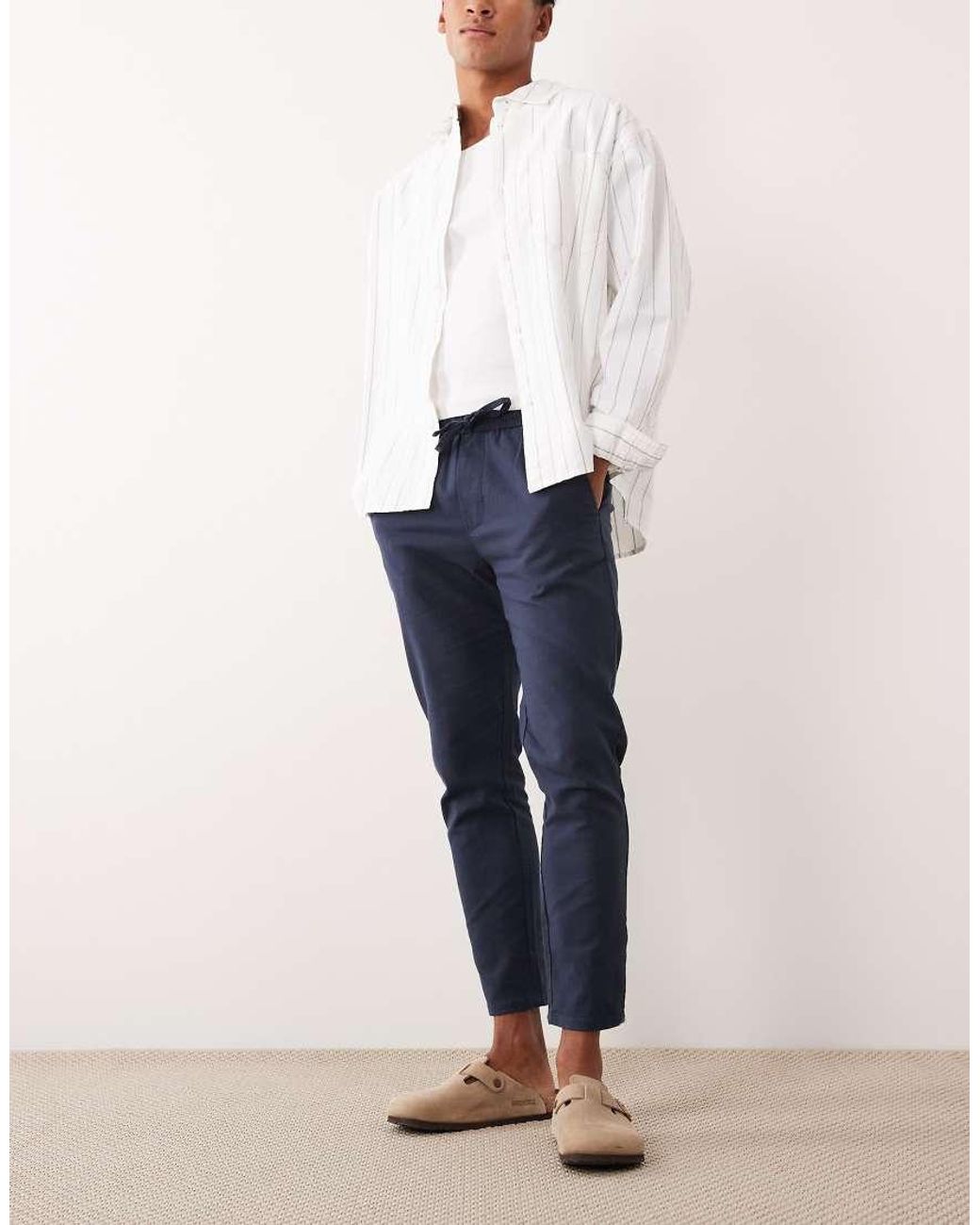 Only & Sons Blue Linen Mix Cropped Trouser for men