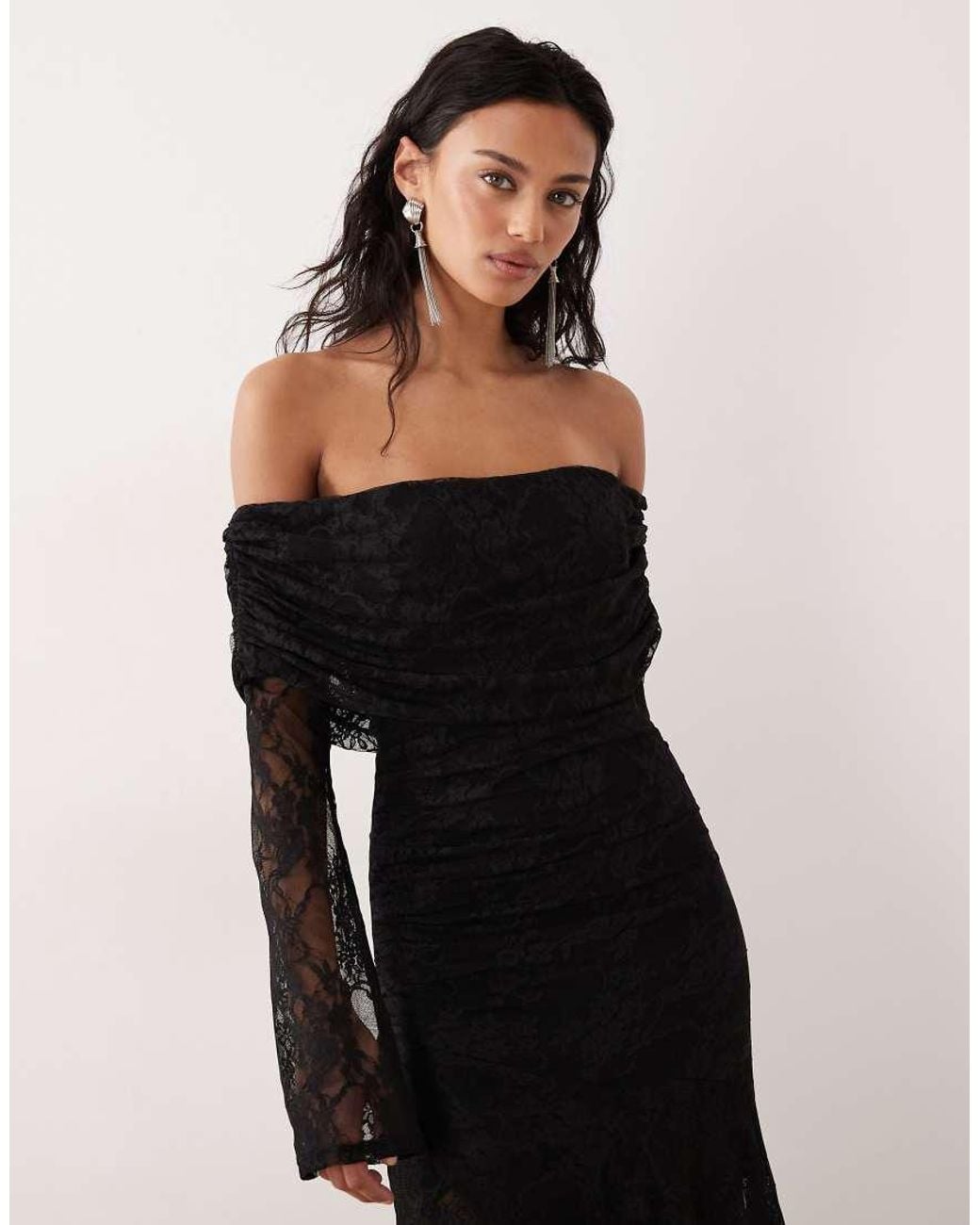 ASOS Black Lace Off The Shoulder Long Sleeve Maxi Dress
