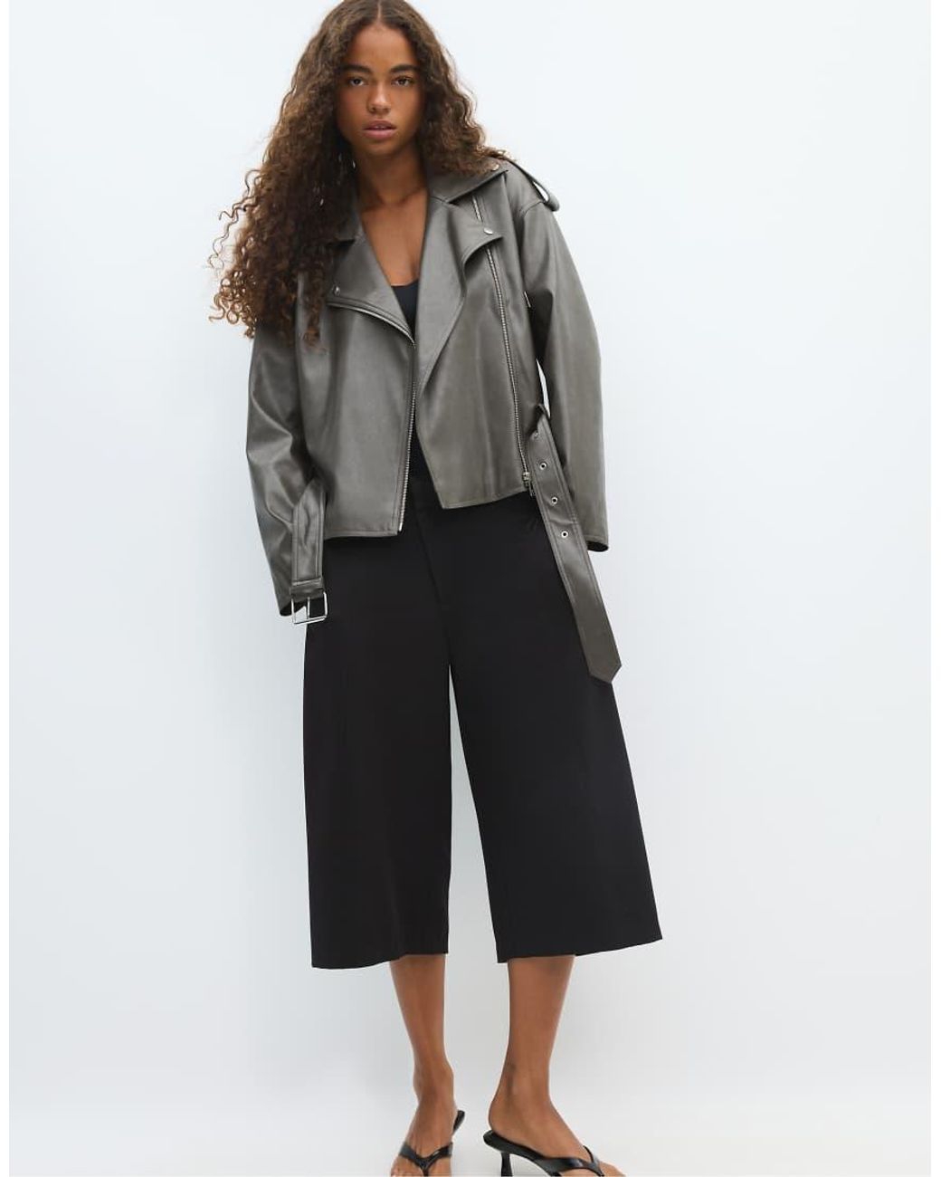 Stradivarius Black Leather Effect Biker Jacket With Belt