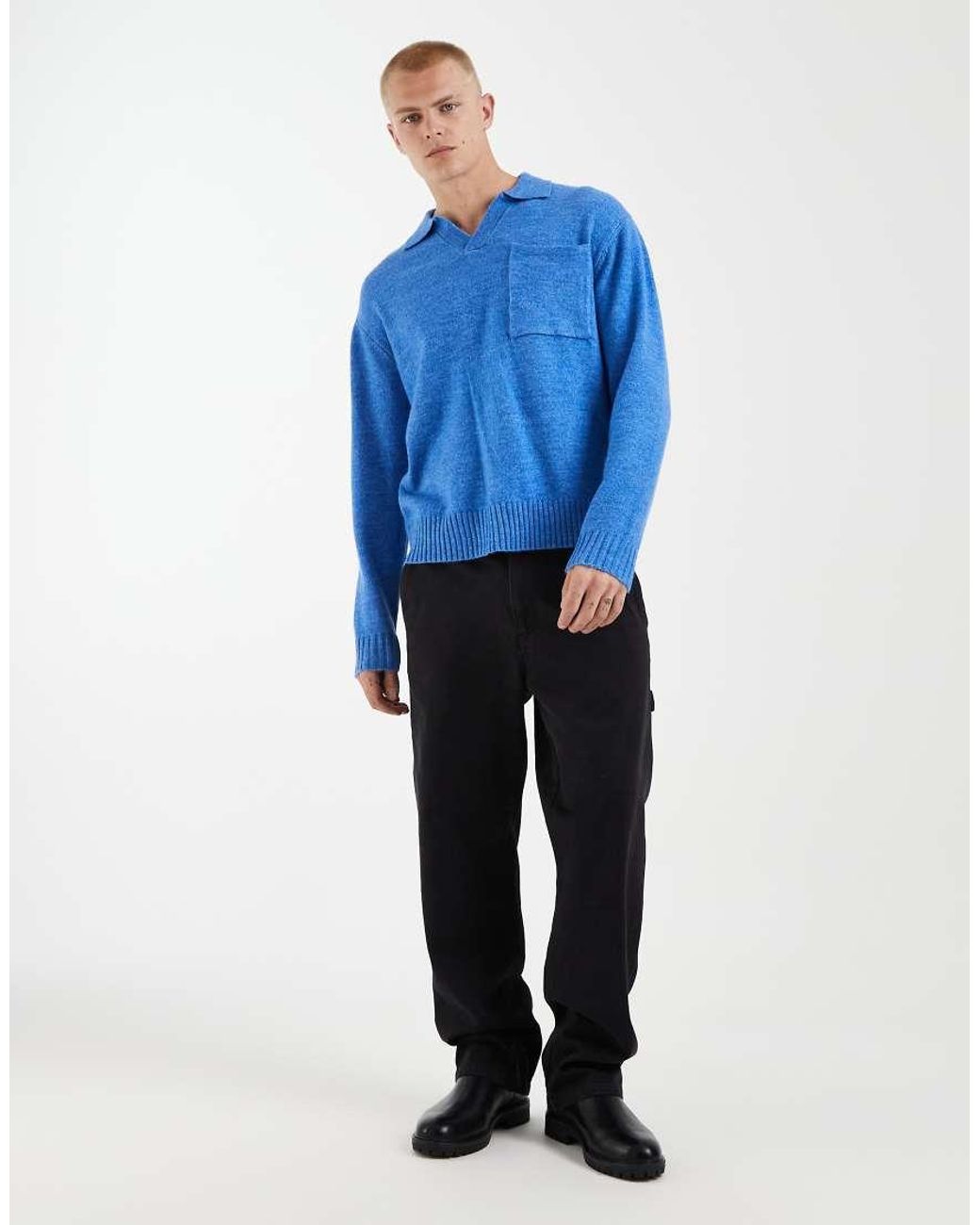 Redefined Rebel Blue Boxy Oversized V-neck Knitted Jumper With Collar for men