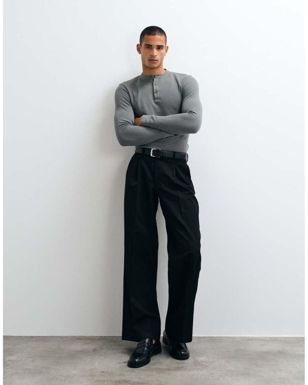 ASOS Gray Slim Fit Long Sleeve T-Shirt With Woven Henley for men