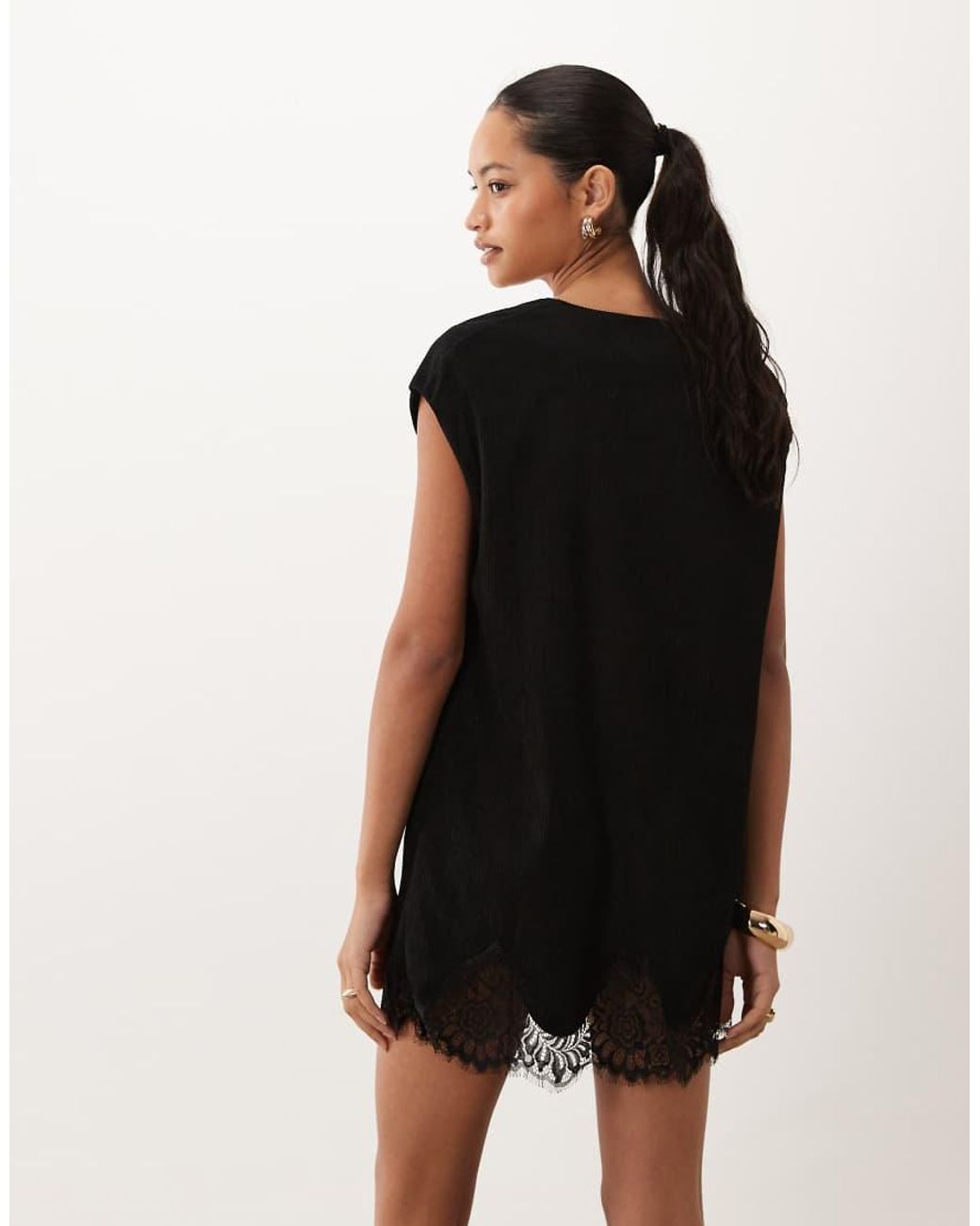 ASOS Black Cord V-neck Lace Trim Mini Shift Dress