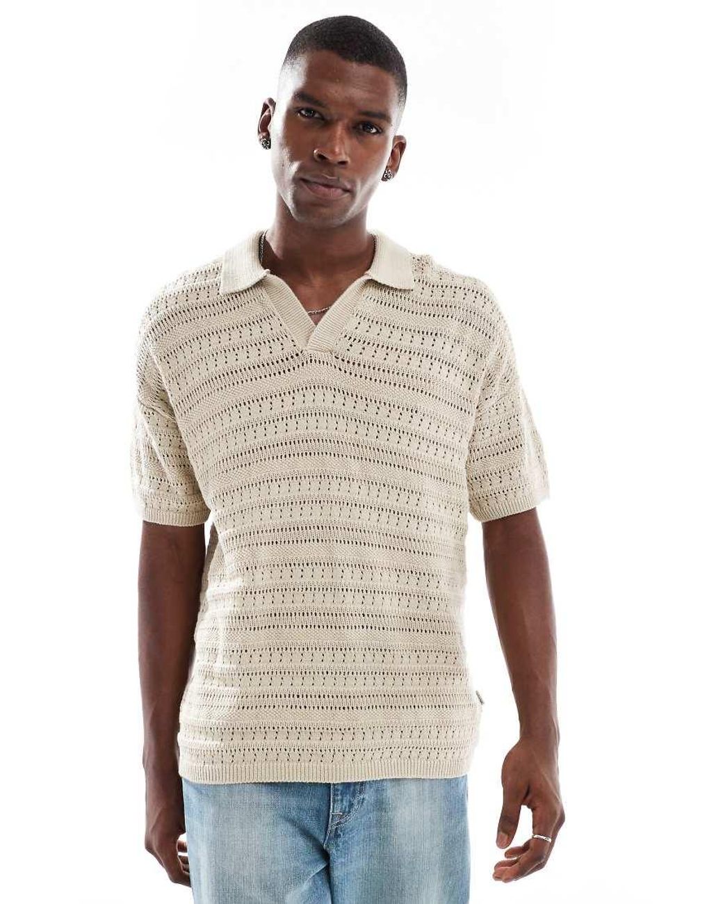 Only & Sons Natural Drop Shoulder Open Knit Split Neck Polo for men