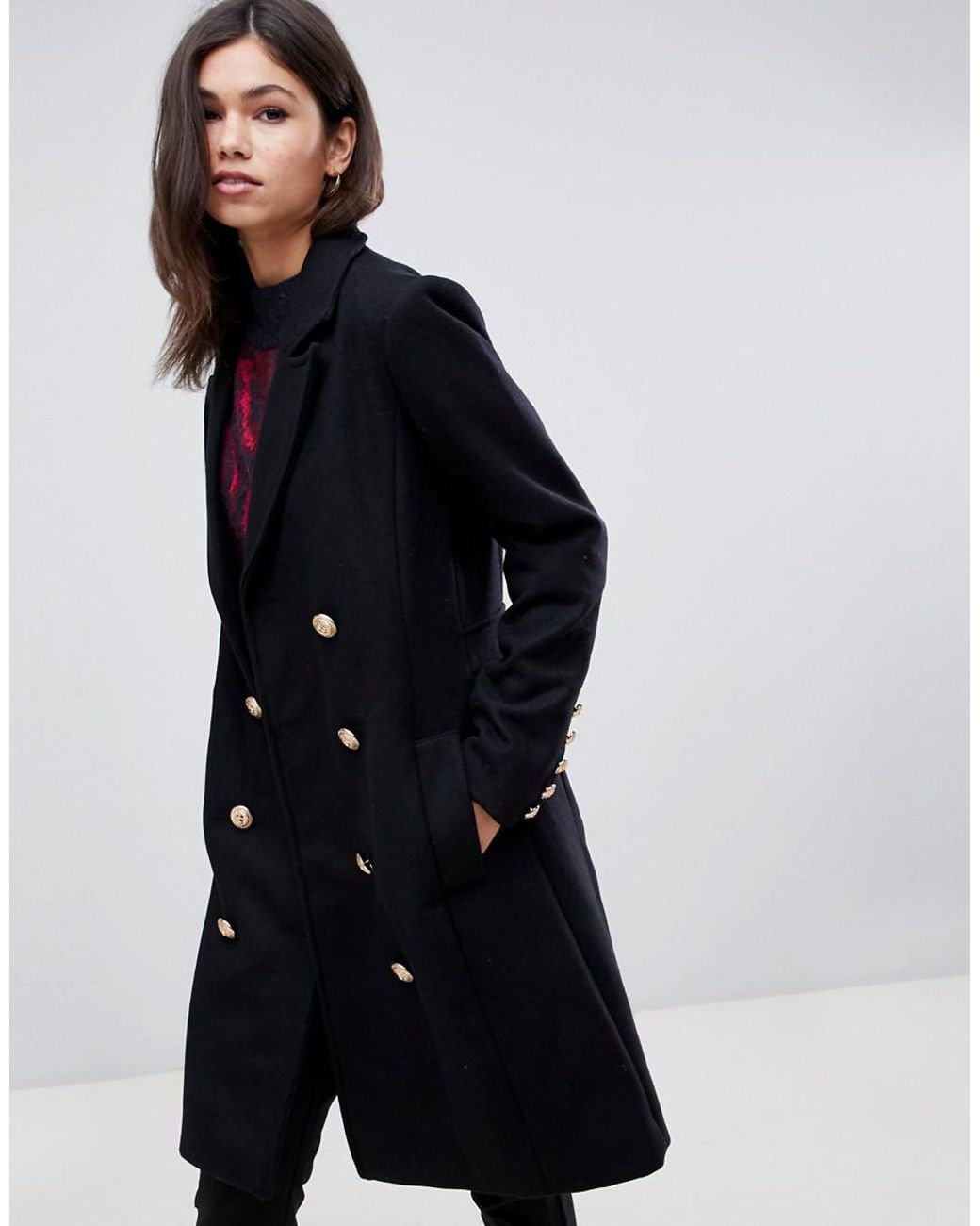 Y.A.S Gold Button Pea Coat in Black | Lyst