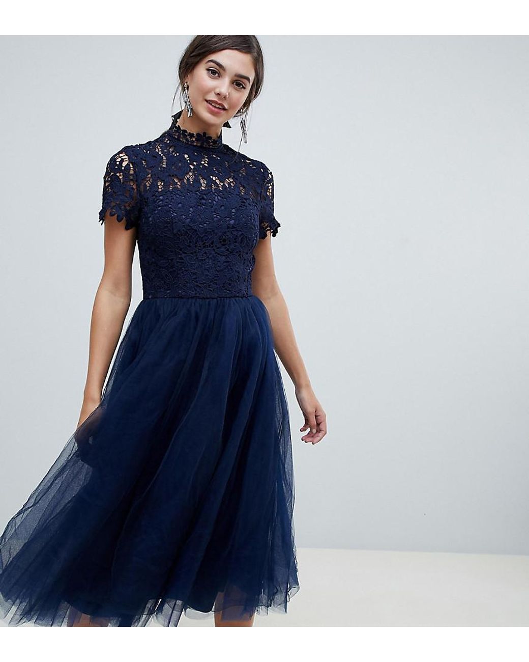 Chi Chi London High Neck Lace Midi Dress With Tulle Skirt in Blue | Lyst